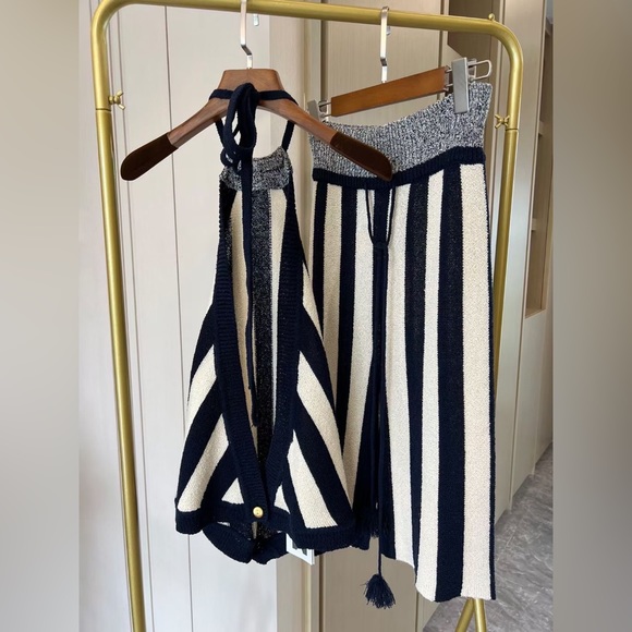 EENK ULLYD Ullid Knit Halter Top + shorts - Navy Beige Stripe SZ M $598 - Picture 2 of 10